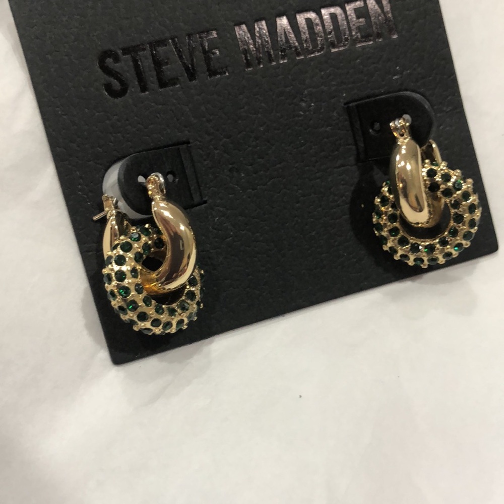 Steve Madden gold tone green emerald pave double hoop chubby huggy look earrings